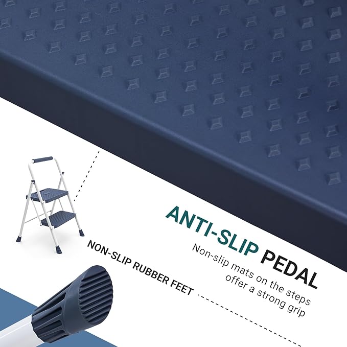 Smug Step Ladder, 2 Step Stool Foldable with Anti-Slip Pedal & Comfortable Handrail, 800lbs Capacity Sturdy Steel Ladder, Protable Heavy Duty Step Stool for Kitchen, Garage & Outdoor Use, Blue