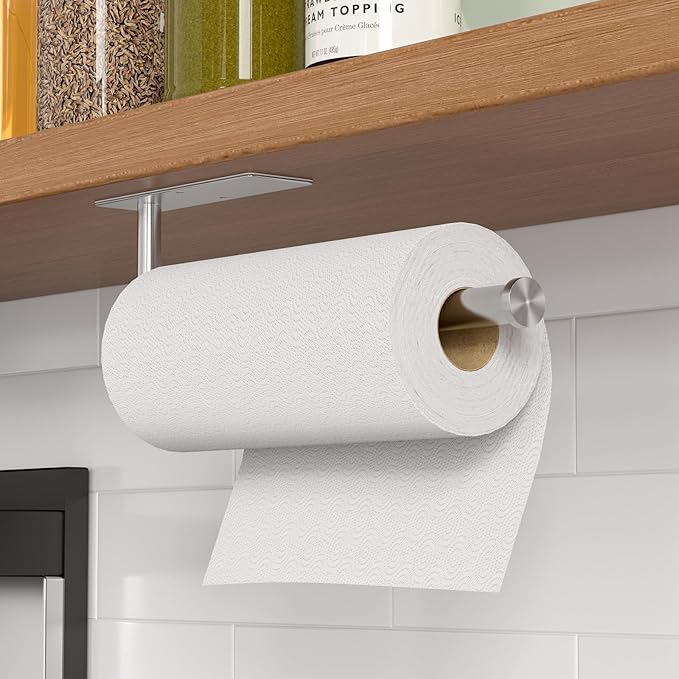 Paper Towel Holder Under Cabinet, Self-Adhesive,No Drilling, Stainless Steel, Wall-Mounted for Kitchen and Bathroom, Easy Install, Durable, Space-Saving, Ideal for Home, RV (Sliver, 2 Pack)