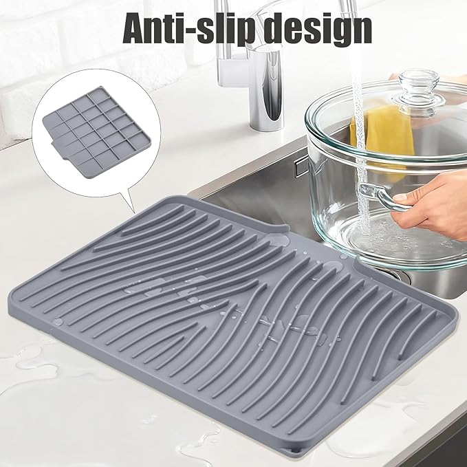 Silicone Dish Drying Mat for Kitchen Counter, Dish Drying Pad, Non-Slip Drain Pad with Built-in Drain, Heat Resistant Stone Drying Mat(16" x 12", Grey)