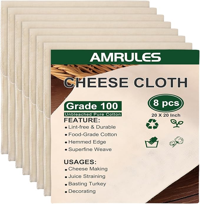 Amrules Cheese Cloths for Straining, 8PCS 20x20 Inch Grade 100 Cheese Cloth, Reusable Washable Unbleached Pure Cotton Cheesecloth for Cooking and Cheese Making with Hemmed Edge
