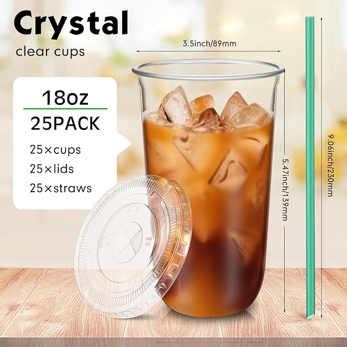 Baderke 25 Set Plastic Cups with Lids and Straws, Disposable Plastic Iced Coffee Cup for Cold Beverage Juice Smoothie Crystal for Coffee Shops Party Catering(Clear,18 oz)
