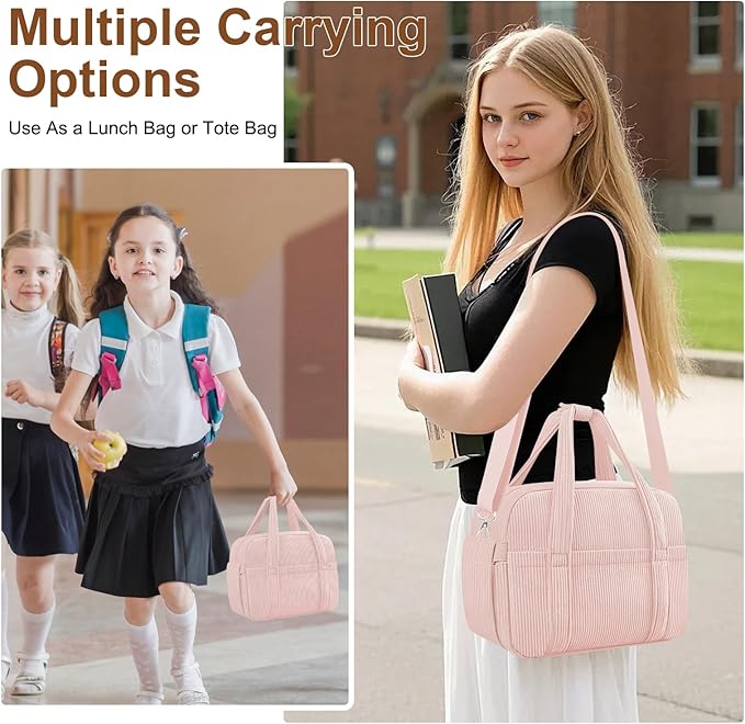 KUBYA Corduroy Lunch Box Lunch Bag for Women Men, Cute Strawberry Small Insulated Reusable Work Leakproof Simple Lunch Boxes Tote Bag Adults Cooler Bag