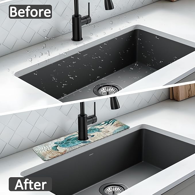 2PCS 15" X 5.5" Kitchen Sink Splash Guard Faucet Mat Sea Turtles Super Absorbent Fast Drying Faucet Guard & Draining Mat Sink Splash Guard Behind Faucet for Kitchen, Bathroom