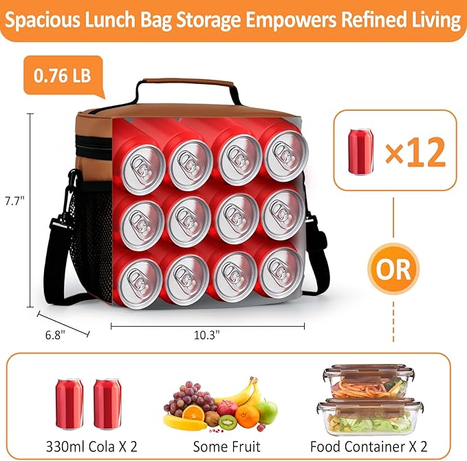Vankor Insulated Lunch Bag for Men Women, Reusable Lunch Box Leakproof Cooler Lunch Tote Bag with Adjustable Shoulder Strap for Work Office Picnic Beach Travel, Coffee