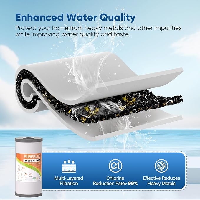 PUREPLUS 5 Micron 10" x 4.5" Whole House PP Sediment Carbon KDF Composite Heavy Metal Reduction Filter Cartridge for GE FXHTC,GXWH40L,GXWH35F,GNWH38S,Culligan RFC-BBSA,WRC25HD,Pentek RFC-BB,3Pack