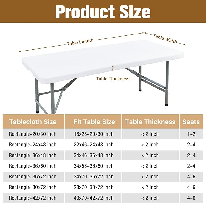 Fitted Rectangle Tablecloth 30 x 72 Inch Elastic Table Cloth for 6ft Table, Stretch Spandex Tables Cover White Washable Polyester Tables Top Cap Cover for Dining Picnic Camping Indoor and Outdoor
