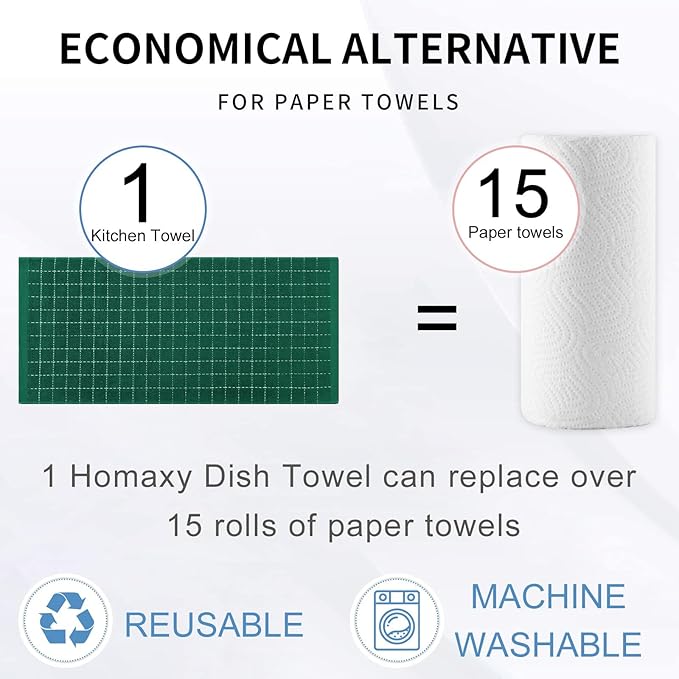 Homaxy 100% Cotton Terry Kitchen Towels(Dark Green, 13 x 28 inches), Checkered Designed, Soft and Super Absorbent Dish Towels, 2 Pack