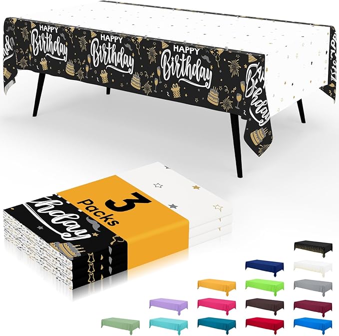 Smiry Plastic Table Cloth Disposable 3 Pack, 54 x 108 Inch Waterproof Rectangle Tablecloths for Birthday, Parties, Decorative Plastic Table Cover, Leakproof & Sturdy, Black & White