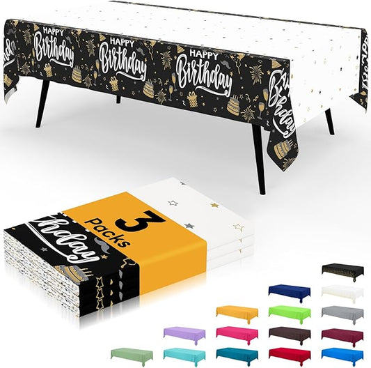 Smiry Plastic Table Cloth Disposable 3 Pack, 54 x 108 Inch Waterproof Rectangle Tablecloths for Birthday, Parties, Decorative Plastic Table Cover, Leakproof & Sturdy, Black & White