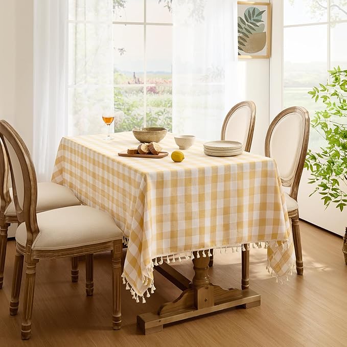Softalker Checkered Tablecloth Rectangle, Outdoor Linen Cotton Gingham Table Cloth with Tassel, Heavy Duty Wrinkle Free Buffalo Plaid Table Cover for Kitchen Dining Summer Party - 55 x 84 Inch, Yellow