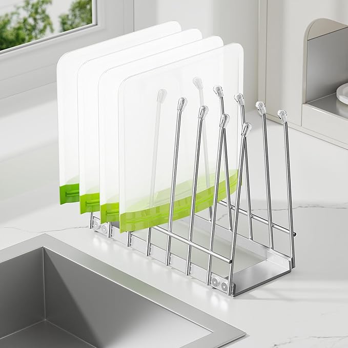 Plastic Bag Drying Rack, Metal Reusable Silicone Ziplock Bag & Bottle Drying Stand, Lerine Drying Rack Kitchen Organizer, Silver