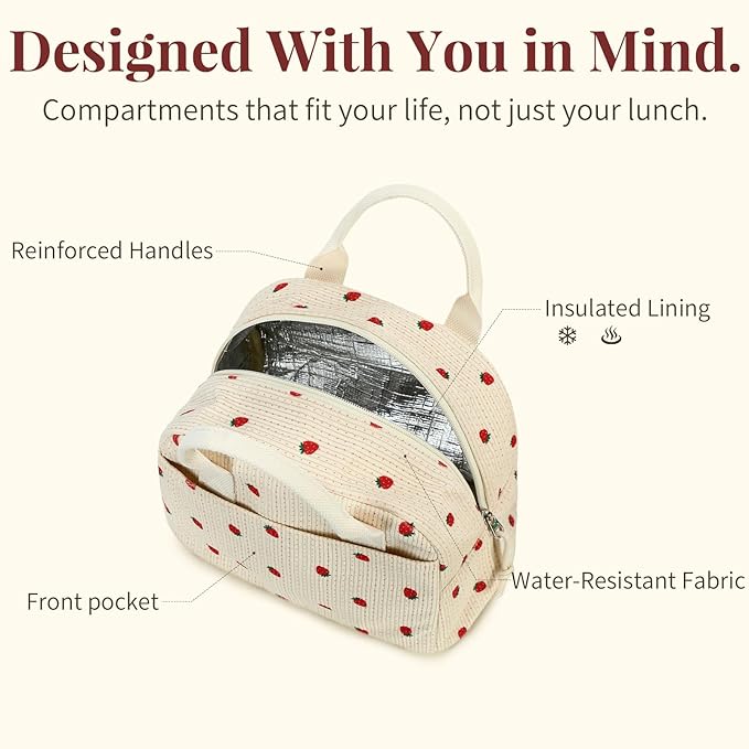 LOVELYWIND Insulated Floral Green Lunch Bag for Women, Corduroy Tote with Aluminum Lining, Large Capacity Reusable Cooler for Work, Travel, Beach or Picnic, Floral Pattern Water-Resistant Lunch Box