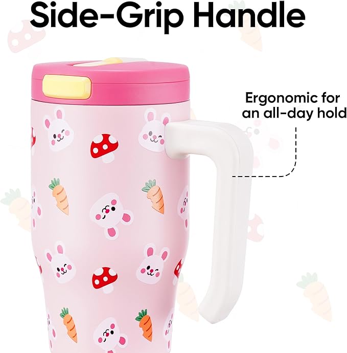Fijinhom 18 oz Toddler Tumbler with Handle, Stainless Steel Insulated Water Bottle Coffee Mug with Straw, Toddler Cups, Kids Water Bottle for School, Sports, Travel, Pink Bunny
