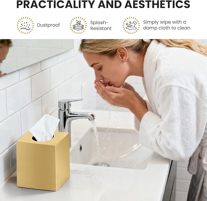 2 Pack Tissue Box Cover, Square Acrylic Tissue Holder, Decorative Facial Tissue Box Vessel Cube Paper Organizer Dispenser for Bathroom Office, Night Stand, Desk, Car, Vanity, Countertops, Gold