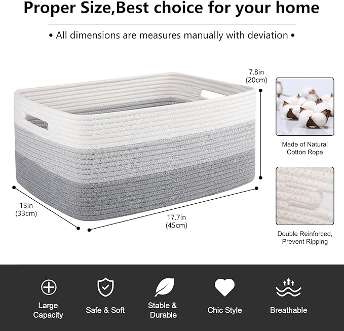 OIASKET Large Storage Basket for Organizing, Woven Rope Basket for Shelves, Closet Organizer Bins for Clothes, Blanket, Toys, Baby Nursery Storage, 17.7" x 13" x 7.87", 3 Packs Gradient Grey