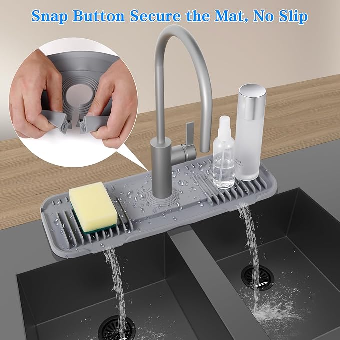 Silicone Faucet Mat Silicone Faucet Drip Catcher with Cuttable Circular Central for Kitchen Sink, Tailor-Made for Faucets with Deck Plate【Light Grey】