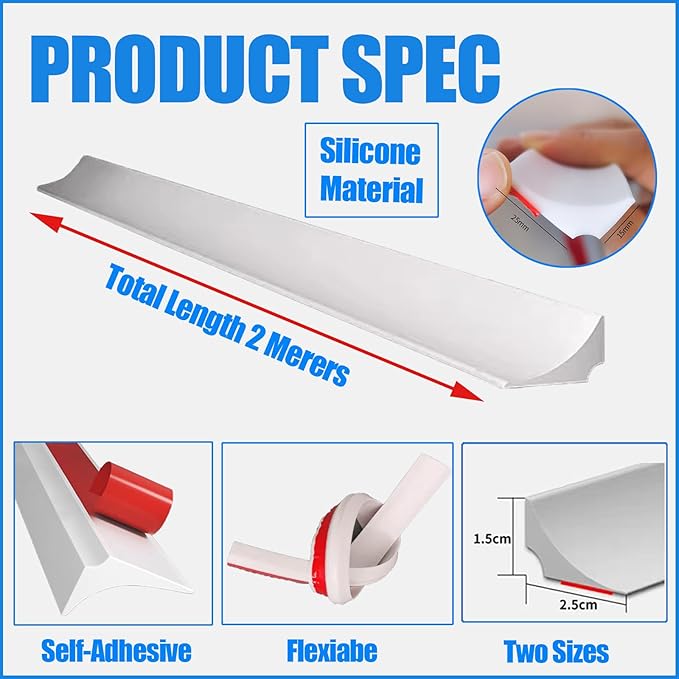 Water Barrier for Sink,Shower Threshold Water Dam Barrier,Waterproof Barrier Bathroom,Collapsible Silicone Strip Trim Splash Guard (White-2M)