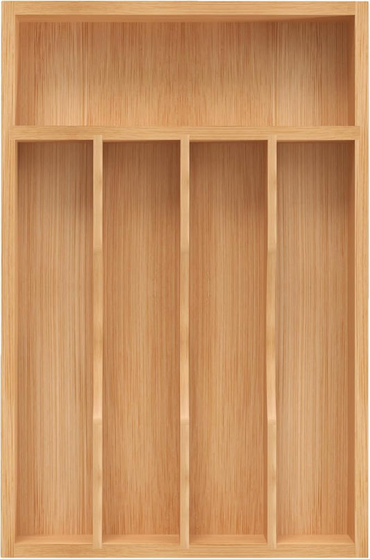 Silverware Organizer, Bamboo Kitchen Drawer Organizer, Utensil Holder, Cutlery Tray & Spoon Flatware Storage with Grooved Drawer Dividers (8.5''W x 13''D)