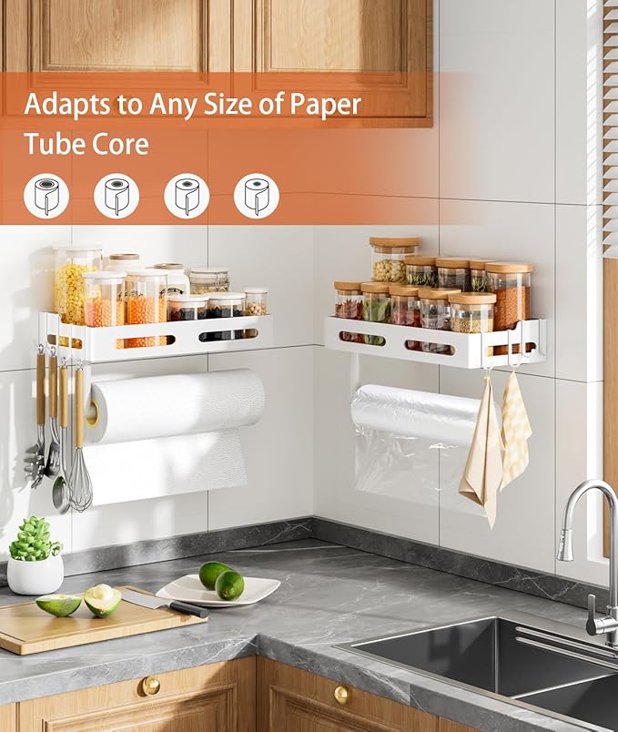 Paper Towel Holder Wall Mount with Shelf, Easy One Hand Tear, Adhesive Glue or Drill Mount Hanging Paper Towel Holder with Shelf for Kitchen/Bathroom/RV, White Metal, 4 Hooks