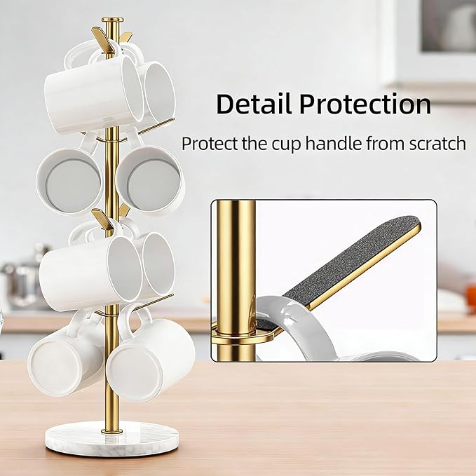 Gypie Gold Mug Holder Tree with Marble Base, 8 Hooks Coffee Cups Holder Stand, New Upgrad Stable Removable Mug Rack for Kitchen Cafe