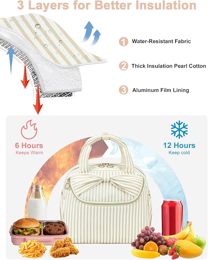 Bluboon Lunch Box for Women, Large Insulated Lunch Bag with Shoulder Strap, Adult Lunch Tote Teacher Nurse, Bow Lunch Cooler Gifts for Work Picnic Travel, Black (Brown White)
