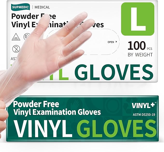 Supmedic Vinyl Disposable Exam Gloves, Clear 4Mil Powder-Free Latex-Free Medical Food-Safe Cooking Cleaning Glove 100&1000 Ct
