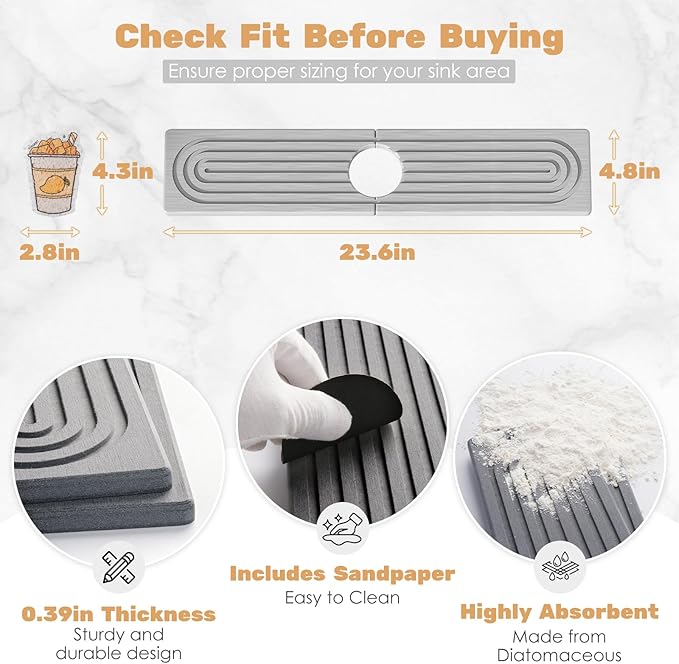 23.6''x4.8''Stone Faucet Mat for Kitchen Sink,Diatomite Quick Dry Kitchen Sink Splash Guard,Drying Stone Sink Tray,Super Absorbent,Sink Stone Quick Dry Around Faucet For Bathroom Counter-Light Grey