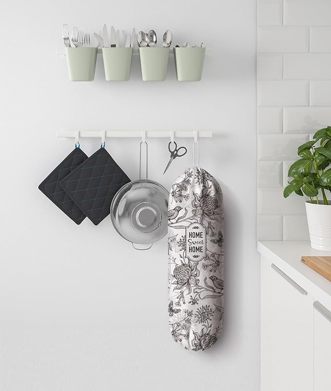 Plastic Bag Holder Hand Drawn Style Grocery Bag Holder Organizer Flowers Birds Pattern Shopping Trash Bag Storage Dispenser Cute Retro French Kitchen Decor