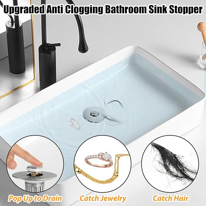 3 in 1 Pop Up Bathroom Sink Stopper, Bathroom Sink Drain Strainer, with Removable Basket Hair Catcher, Universal Sink Plug Cover for 1.06 in to 1.6 in Drain, Brushed Nickel