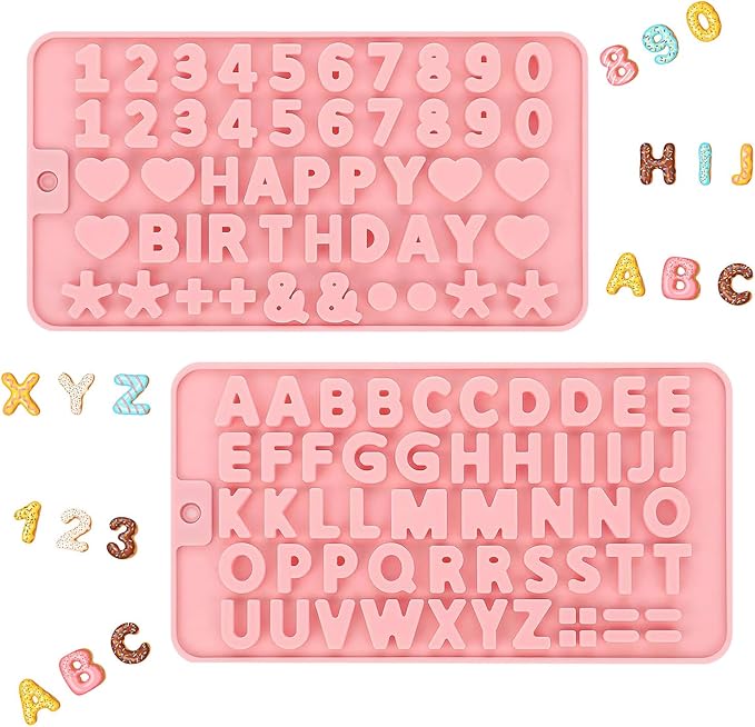 2PCS Silicone Molds for Chocolate,Number Letter Molds,Reusable Candy Molds with Happy Birthday Decorating Symbols,Mini Size Alphabet Decorating for Birthday Cake Lollipop Fondant Chocolate (Pink)