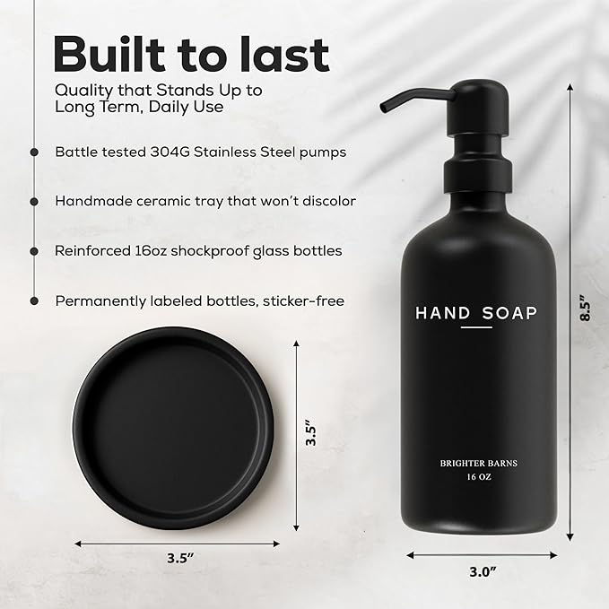 Black Glass Hand Soap Dispenser Bathroom Set by Brighter Barns - Bathroom Soap Dispenser Set with Tray and Stainless Steel Pump - Modern Decor for Kitchen, Hotel, Vacation Rental, Restaurants (Black)