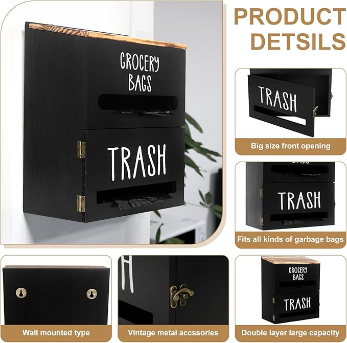 2 in 1 Trash Bag Dispenser, Double Wall Mounted,Wood Trash Bag Holder, used in kitchen, garage, laundry room, can store Environmentally friendly food bags and garbage bags (Black)