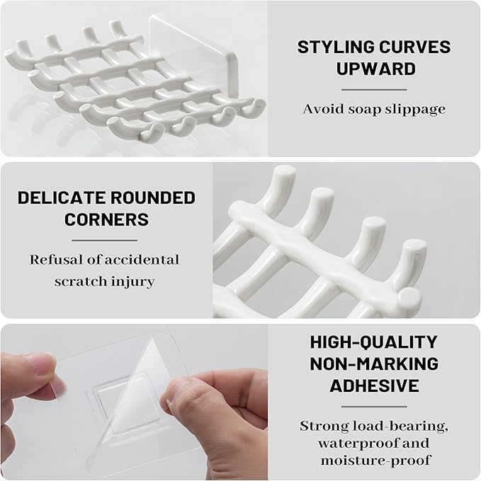 Soap Bar Holder for Shower Wall, Self Draining Soap Dish with Hooks, No Drilling, Bathtub Kitchen Sink Waterproof Adhesive Wall Mounted Dish (4 Pack, White)