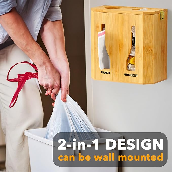 SpaceAid Bamboo 2 in 1 Garbage Bag Roll Holder & Dispenser, Under Sink Organizer for Kitchen Storage
