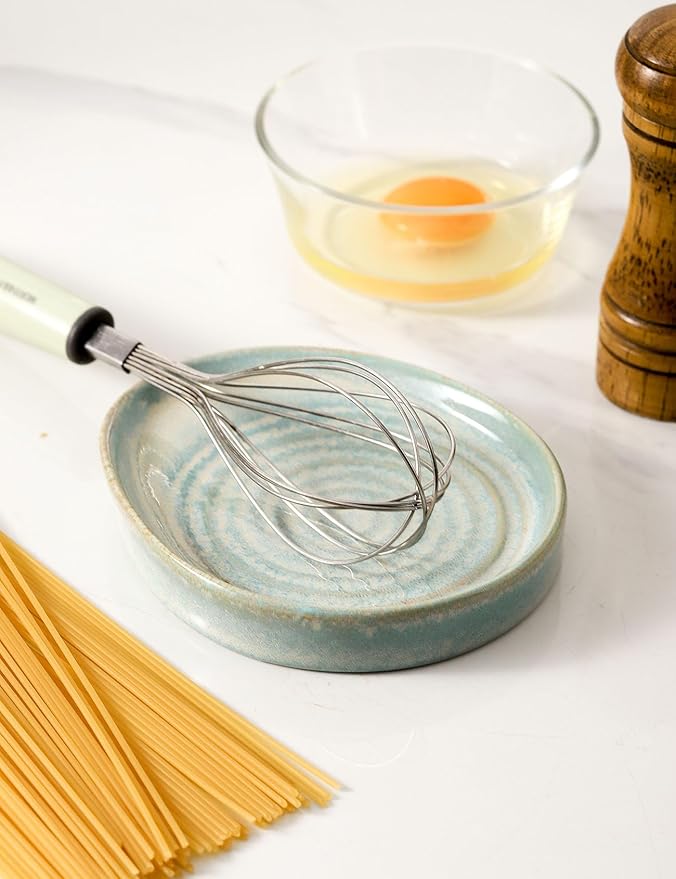 Ceramic Spoon Rest for Stove Top, Spoon Holder for Kitchen Counter, Farmhouse Cooking Utensil Holder for Spoons, Ladles, Spatula, Lake Blue