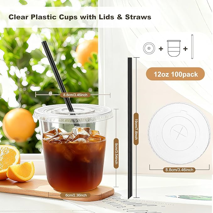 tchrules 100 Set 12oz Plastic Cups with Lids and Straws, Disposable Clear Iced Coffee Cup with Lid, Round Bottom Plastic To Go Cups for Cold Drinks Slushie Smoothie Lemonade Party Picnic Shop Supplies