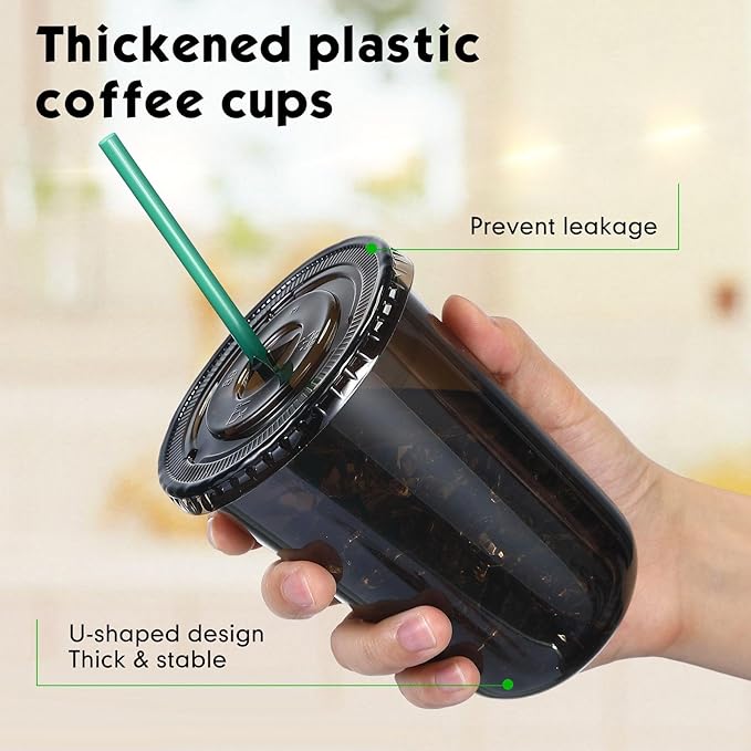 Baderke 25 Set Plastic Cups with Lids and Straws, Disposable Plastic Iced Coffee Cup for Cold Beverage Juice Smoothie Crystal for Coffee Shops Party Catering(Black,16 oz)