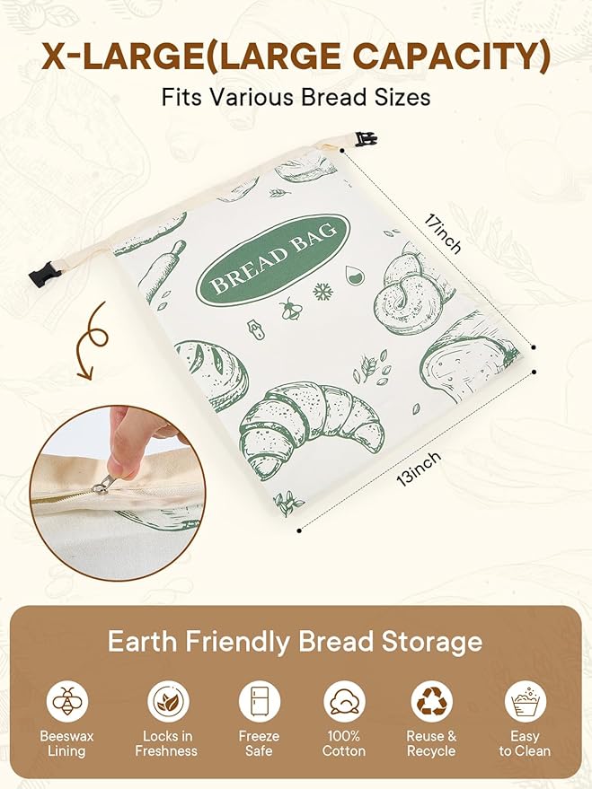 2 Pack Zippered Beeswax Bread Bags 17×13 Inch Large Cotton Sourdough Bread Bags Reusable Bread Storage Bags for Homemade Bread Freezer Safe for Bagel Croissant & Baguette Kitchen Baking Supplies