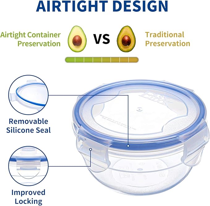 KIGI Round Food Storage Containers, Leak-Proof, Airtight & Watertight Small Plastic Bowls for Snacks, Meal Prep and Lunch, Freezer Safe, 4-Sided Locking Lids, BPA-Free,10 oz / 1.25 Cup,12 Piece Set