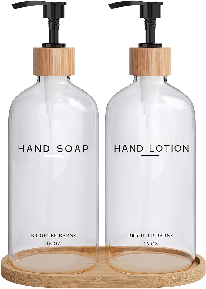 Clear Glass Soap and Lotion Dispenser Set with Tray by Brighter Barns - Hand Soap Dispenser Bathroom Set - Liquid Soap Dispenser and BPA-Free Pump - Neutral Home Decor & Modern Bathroom Accessories