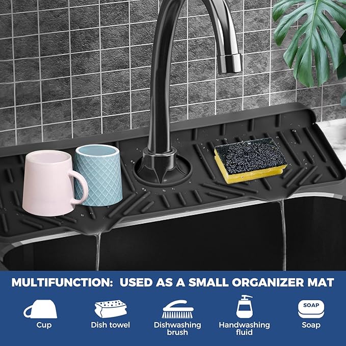 18" Kitchen Sink Faucet Splash Guard Plus Size Silicone Sink Faucet Drying Mat Faucet Handle Drip Catcher Tray Dish Sponge Holder Kitchen Sink Accessories Protector Home Organization Gadgets Organizer