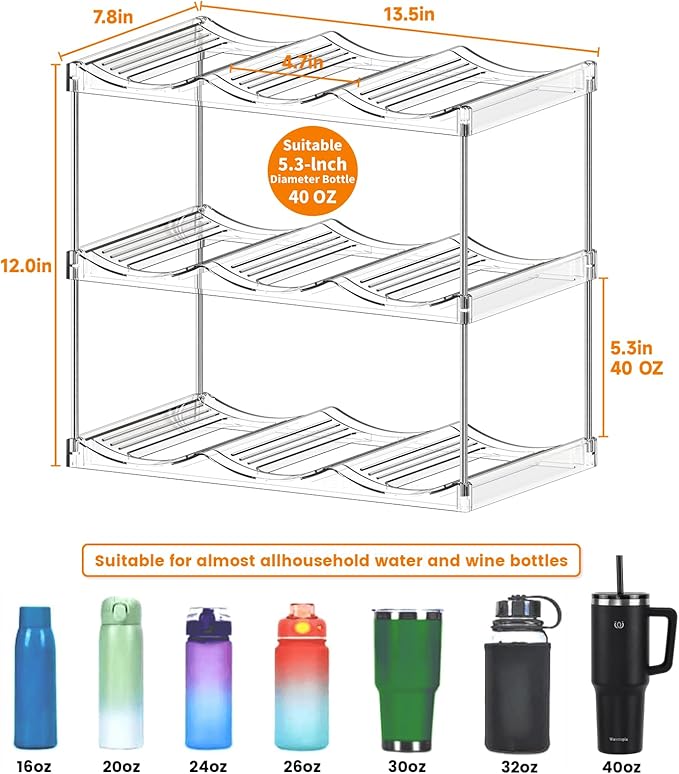 Stackable Water Bottle Organizer for Cabinet,3 Tier Water Bottle Holder for Stanley Yeti 40 oz Bottle Shelf,Clear Tumbler Storage Organizer,Wine Rack,Cup Organizer for Kitchen Cabinets Counter Pantry