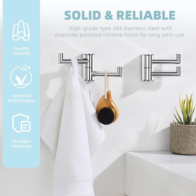 Angle Simple Swivel Hook for Towel Polished Chrome 2 Pack, 304 Stainless Steel Bathroom Towel Double Hook for Wall