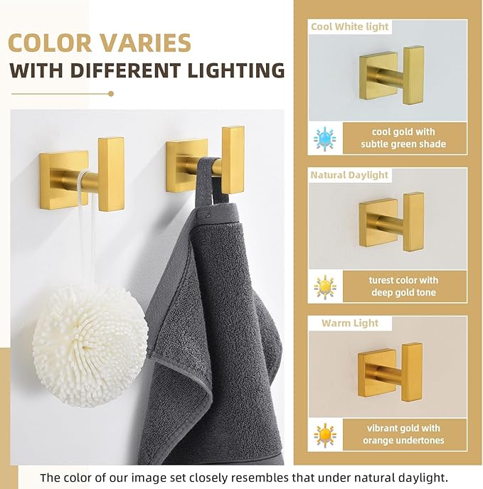 Angle Simple Towel Hooks for Bathroom, SUS304 Stainless Steel Square Robe Coat Wall Hooks, Hand Towel Holder, Brushed Dark Gold, 2 Pack