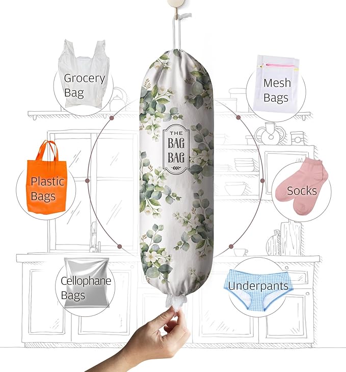 Plastic Bag Holder - Eucalyptus Floral Grocery Bag Organizer - Summer Kitchen Decor & Gifts