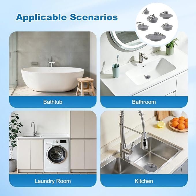 Hibbent 6 Pieces Drain Stopper, Rubber Kitchen Sink Drain Plug with Pull Ring for Bathtub, Kitchen, Bathroom and Laundry Sink in 6 Different Sizes, Grey