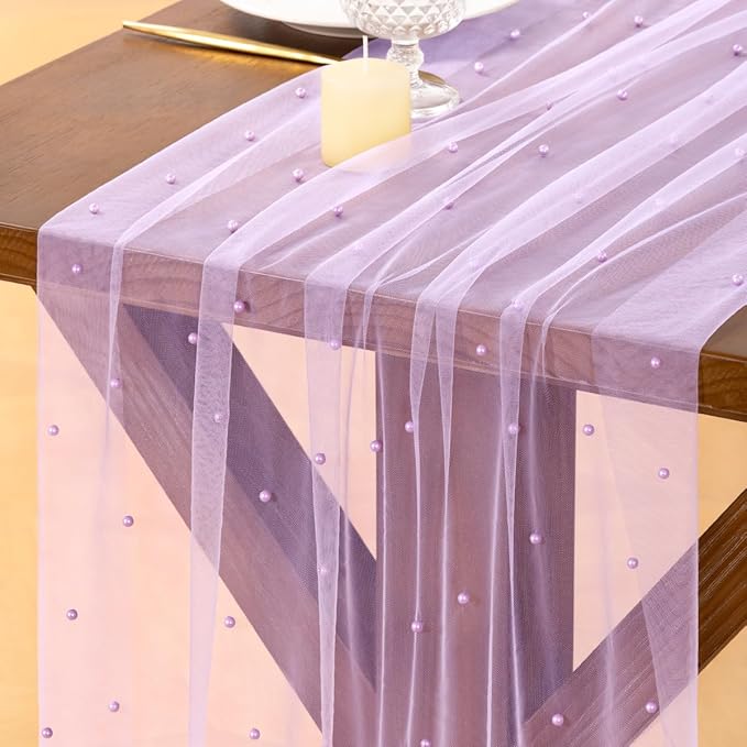 Socomi Pearl Table Runner Tulle Summer Cheesecloth 10FT Gauze Cheese Cloth Sheer Chiffon Wedding Birthday Party Baby Shower Bridal Anniversary Holiday Centerpiece Table Decor 3pcs Lilac Purple