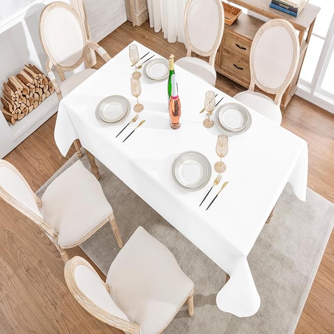 Veblandy Rectangle 10 Feet Tablecloth 60x144 inch Linen Textured Table Cloth Stain and Wrinkle Resistant Washable Polyester, Decorative Table Cover Waterproof for Dining, Buffet and Camping, White