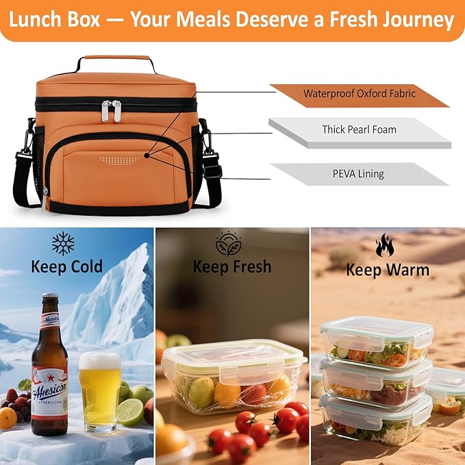 Vankor Insulated Lunch Bag for Men Women, Reusable Lunch Box Leakproof Cooler Lunch Tote Bag with Adjustable Shoulder Strap for Work Office Picnic Beach Travel, Orange