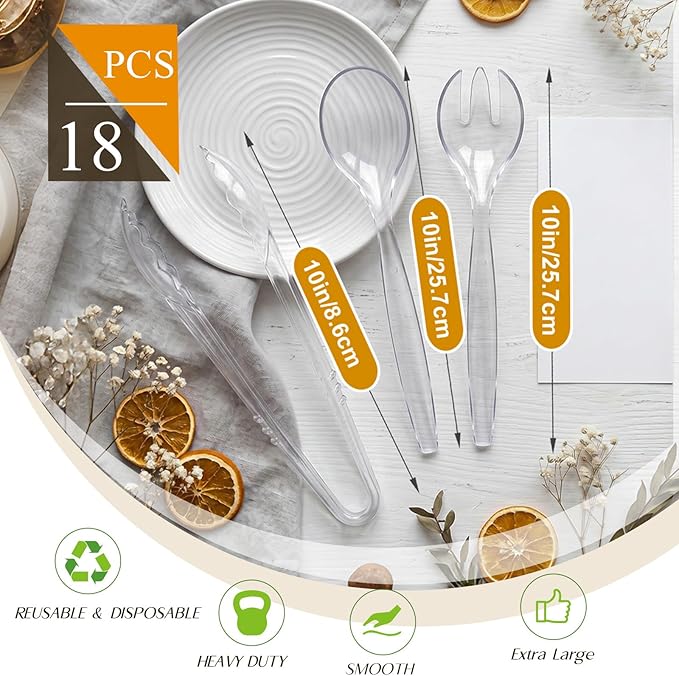 Mwellewm 18Pcs Serving Utensils, 10'' Plastic Serving Utensils Set, Large Disposable Serving Spoons for Buffet, Tongs for Serving Food, Party Supplies for Salad Soup Noodles Dinner Catering(Clear)